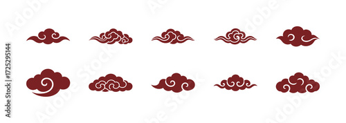Set of Auspicious Traditional Chinese Ruyi Clouds Vector Graphics in Rich Red Color for Oriental Design and Cultural Decoration