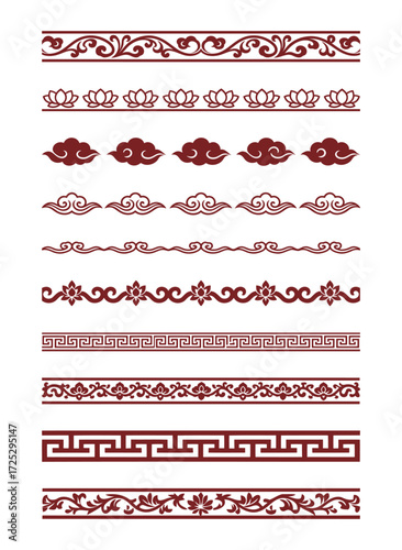 Traditional Chinese Asian Border Ornaments Set with Floral Lotus Clouds and Geometric Patterns for Design Elements and Decoration