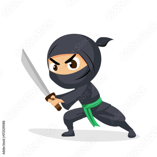 Ninja in fighting stance with katana with shadow character for game or animation flat vector