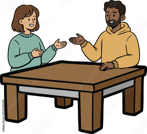 Business meeting between two men sitting at a desk discussing work professional conversation