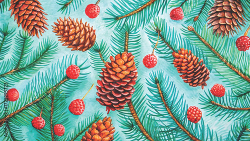 Child-like drawing of pine branches with cones, scribbled style, drawn by toddler background 