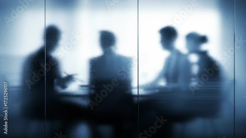 Silhouetted Business Meeting Behind Frosted Glass