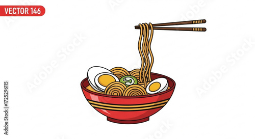 A bowl of ramen with chopsticks the ramen has noodles, eggs, and broth, and the chopsticks are holding up a portion of noodles