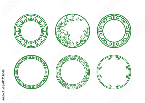 Green Chinese Asian Circular Frames and Wreaths Set with Traditional Geometric Patterns and Stylized Lotus Flower Design Elements