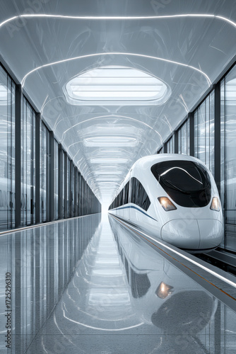 High-speed train in a futuristic station, sleek design, fast transit, modern infrastructure.