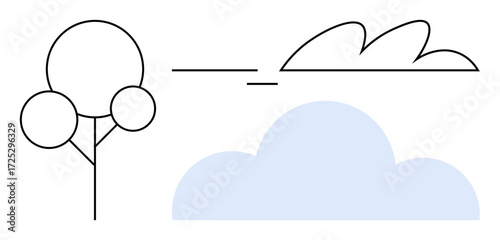 Abstract tree with circular foliage and linear trunk near minimal clouds. Ideal for nature, environment, simplicity, outdoor, eco-friendly, mindfulness, child-friendly themes. Simple flat metaphor