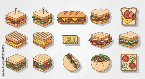 Isometric sandwich and burger vector icon set collection of different fast food sandwiches and burgers in isometric style