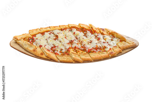 Traditional Turkish cheese pide with golden crust, sliced and served on a wooden board. Oval flatbread in boat shape.