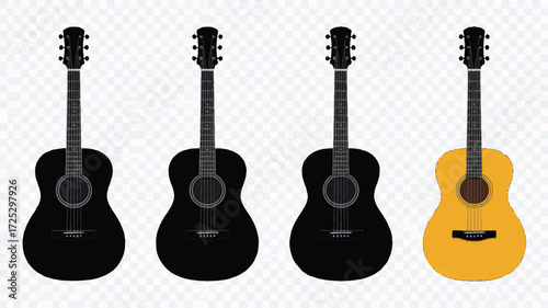 A set of four acoustic guitars arranged horizontally on a white and black checkered background