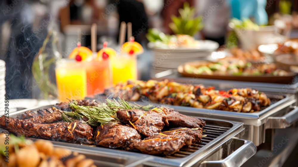 Obraz premium Buffet spread: sizzling meat, vibrant side dishes, & refreshing tropical drinks on a sunny day. Ready to indulge!