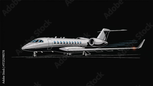 A minimalist illustration of a private jet in light gray and white colors against a black background. 