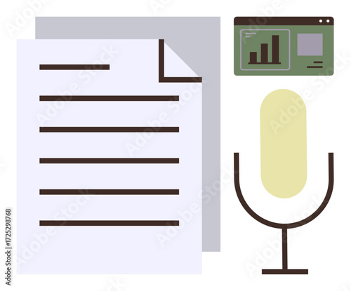 Paper document, retro microphone, and a data dashboard window emphasize audio recording and content creation. Ideal for podcasting, scriptwriting, communication, presentation, analytics