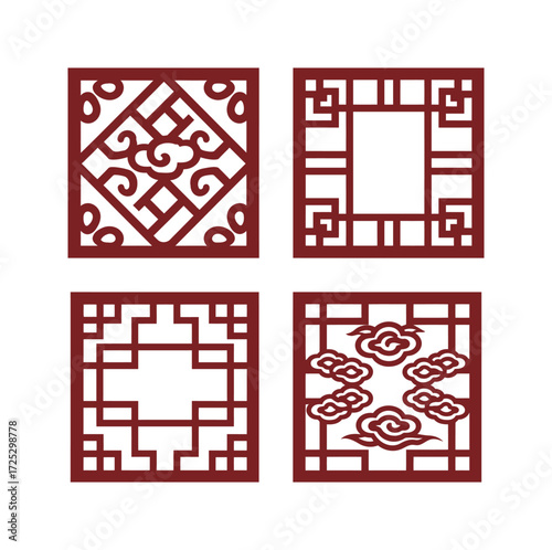 Collection of Red Traditional Chinese Square Window Lattice Patterns with Intricate Geometric and Ruyi Cloud Cutout Design Elements
