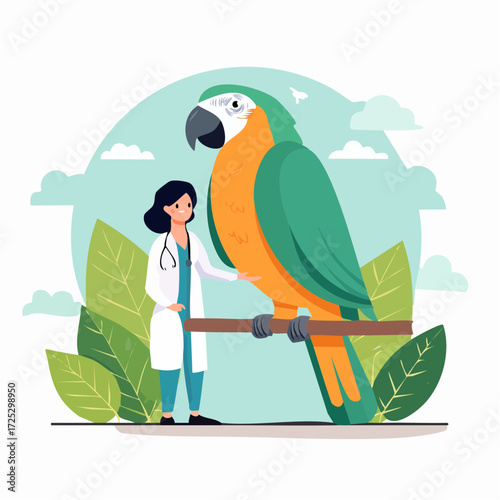 A veterinarian examines a large parrot, highlighting animal healthcare and avian medicine.