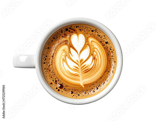 Overhead view of a latte art coffee drink in a white mug