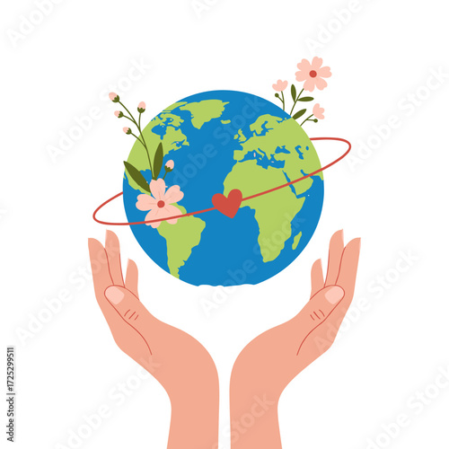 Hands holding planet earth with flowers and heart symbol.