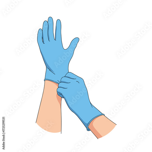 Person putting on blue medical gloves for protection.