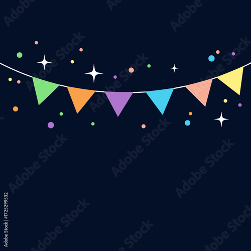 Colorful Party Bunting Flags with Stars and Dots on Dark Blue Background.