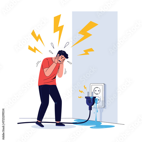 Man shocked by faulty electrical outlet with water damage.