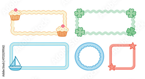 Set of Cute Cartoon Rectangular Frames and Borders with Cupcakes Four-Leaf Clovers Sailboat and Starfish Motifs for Design