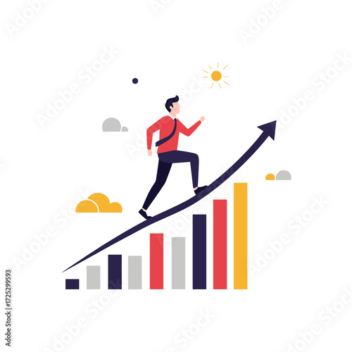 Man running up a rising business graph symbolizing success and growth.