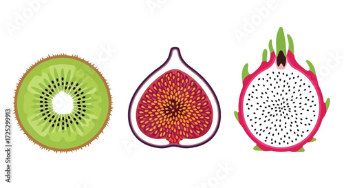 Vibrant fruit platter showcasing fresh kiwi, fig, and dragon fruit slices for healthy lifestyle choices
