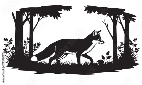 Black Silhouette of a Wild Fox Walking in a Forest Landscape