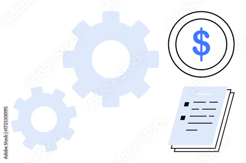 Gear icons, a blue dollar icon in a circle, and stacked documents signify financial processes, business operations, and strategic planning. Ideal for finance, management, business, productivity