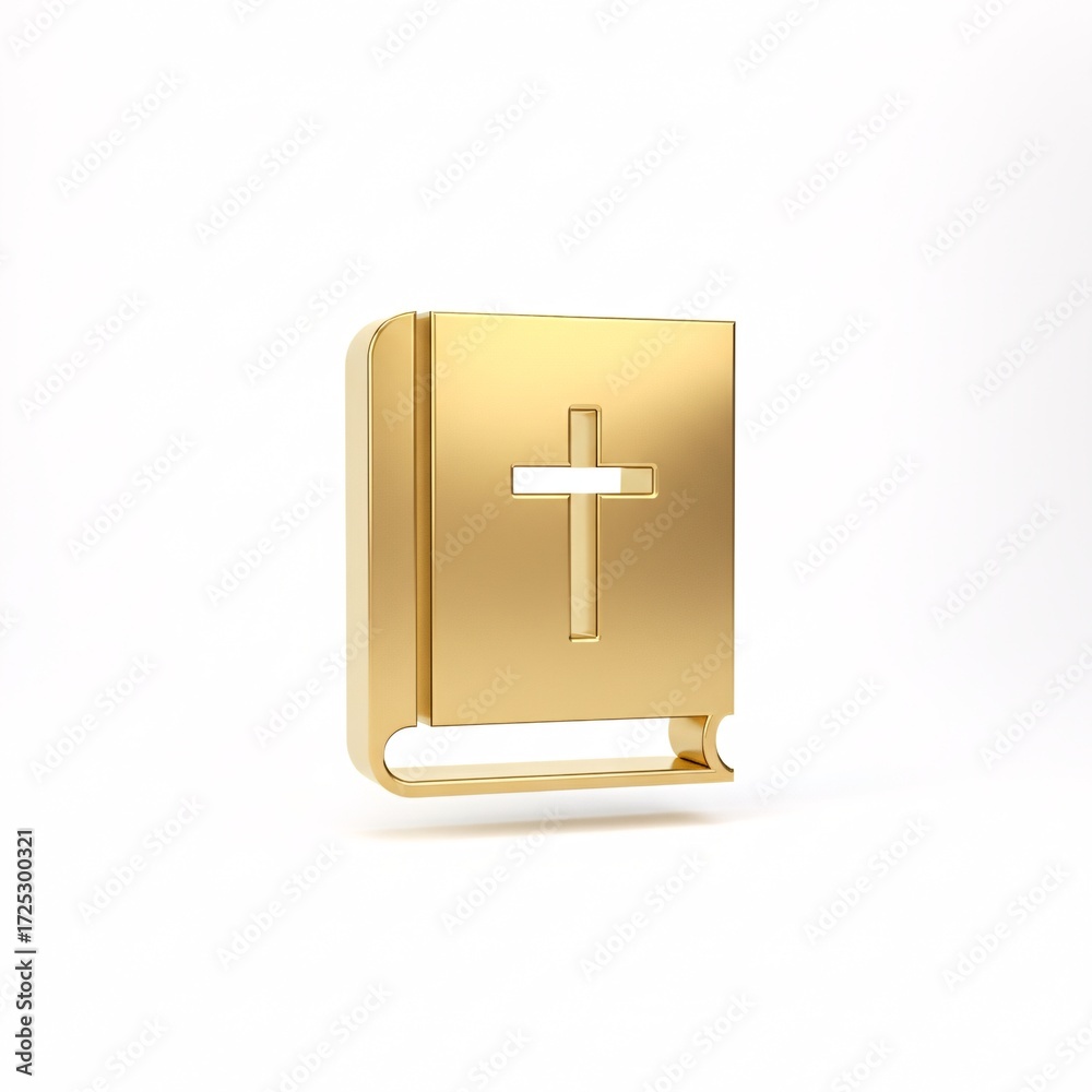 Fototapeta premium A golden 3D icon of a Bible with a cross on the cover, symbolizing faith and spirituality