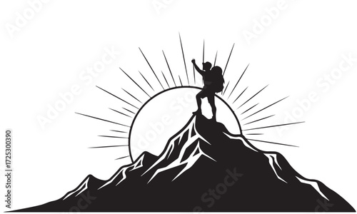 Climber on Mountain Peak with Radiant Sunrise Silhouette