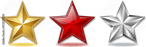 Gold red and silver star icons for ranking, rating, favorite, quality, and success concepts