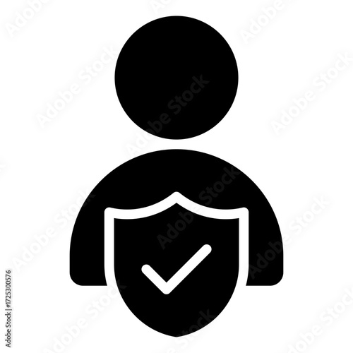 Verified User Glyph Black Silhouette Icon Design Vector - user with shield checkmark representing identity verification, trusted profile, and secure access