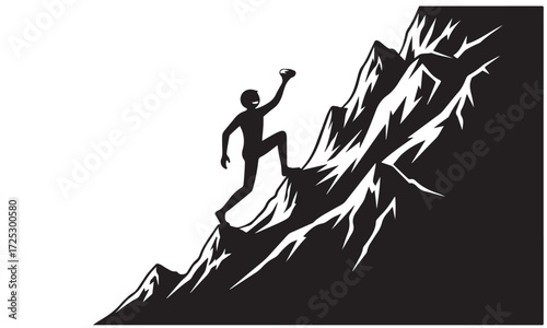Silhouette of a Person Climbing a Steep, Rugged Mountain
