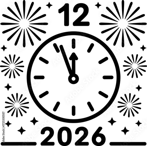 Happy New Year 2026 Celebration Clock with Fireworks and Festive Sparkles Marking Midnight Countdown Celebration