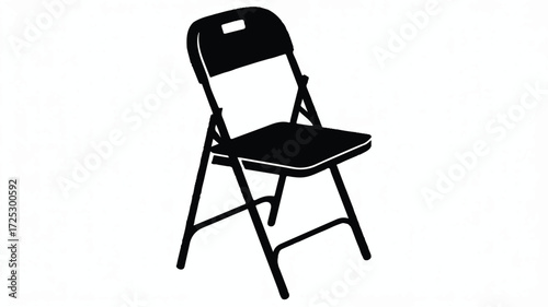 A simple black and white silhouette illustration of a folding chair against a white background.  