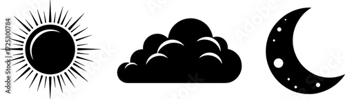 Iconic weather forecast symbols featuring sun, cloud, and moon in stark black and white design