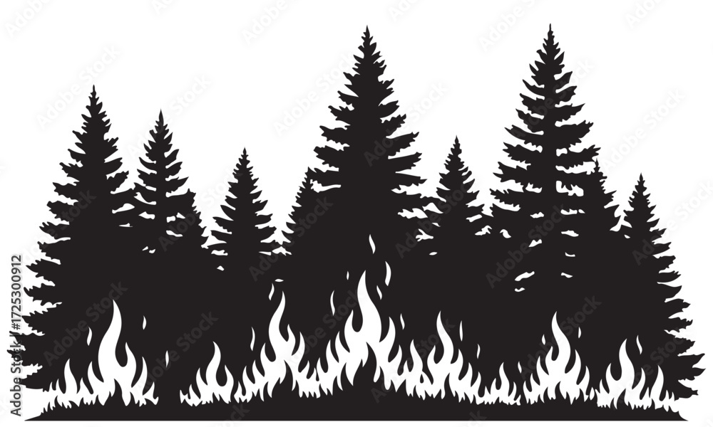 Obraz premium Black Silhouette of Coniferous Forest Fire with Flames