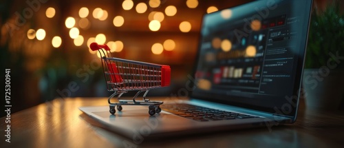 E-commerce: Online Shopping Cart on Laptop at Night