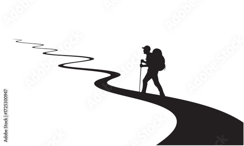 Silhouette of a Person Trekking on a Winding Path