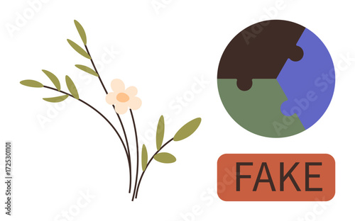 Earth puzzle globe split into pieces, labeled Fake, next to a delicate flowering twig. Ideal for environmental awareness, misinformation, ecology, authenticity, ethics balance communication. Simple