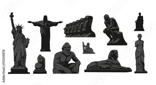 Iconic world landmark statues, travel destinations, diverse cultures, global heritage, historical monuments