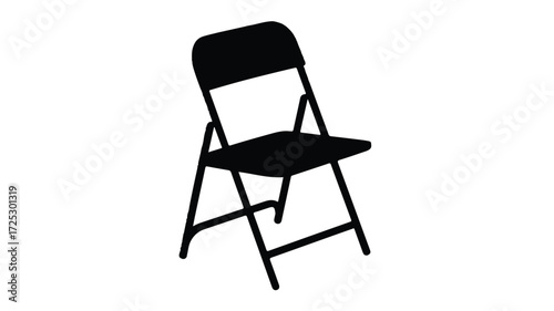 A simple black and white silhouette illustration of a folding chair against a white background