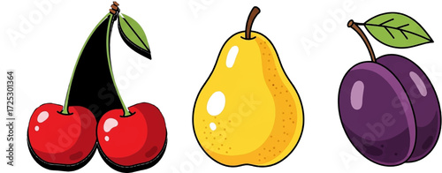 Fresh fruit assortment ripe for picking featuring cherries, pear, and plum for summer recipes