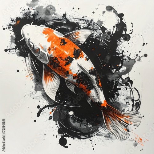 Traditional Ink and Watercolor Koi Fish Illustration
