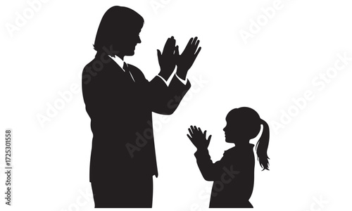 Adult and Child Clapping Silhouettes on White Background