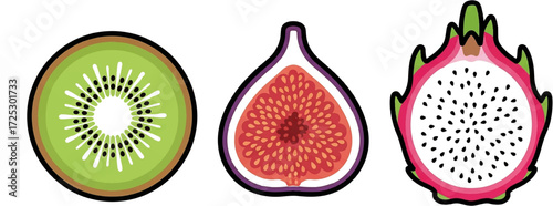 Vibrant kiwi, fig, and dragon fruit slices, perfect for healthy eating, recipes, and design
