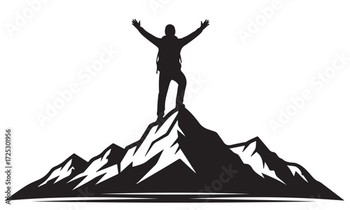Silhouette of a Person Celebrating Success on a Mountain Peak