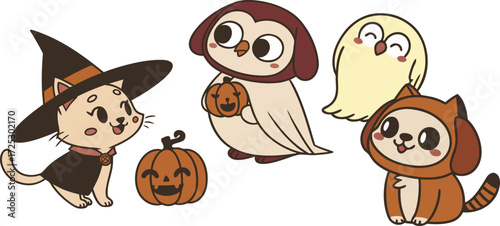 Cute Halloween Animals Illustration – Witch Cat, Owl with Pumpkin, Ghost, and Dog in Costume