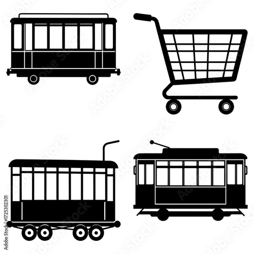 Illustration showing two trams and a shopping cart in a simple black and white graphic design style