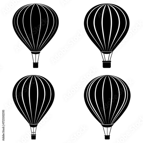 Four black and white hot air balloons with vertical stripes in a symmetrical arrangement on a white background